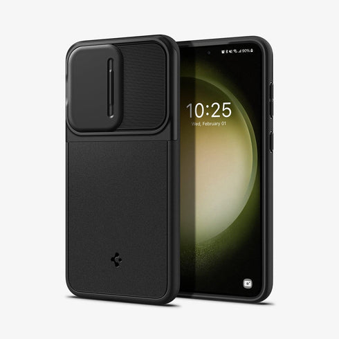 ACS05639 - Galaxy S23 Ultra Case Optik Armor in black showing the back with lens protector slot open
